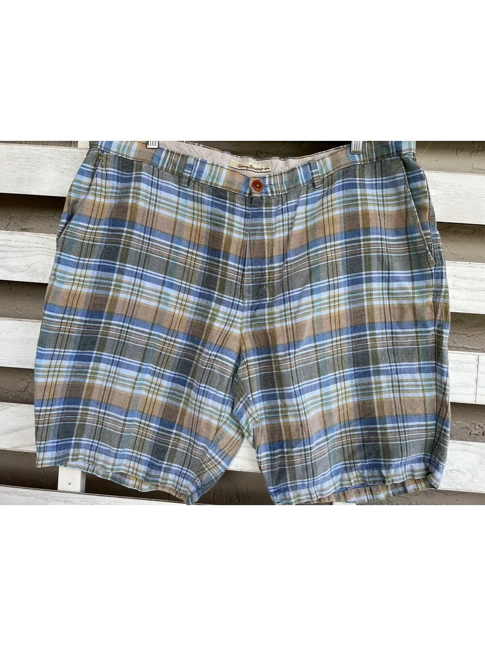 Tommy Bahama Shorts Mens 40 Linen Blend Plaid Casual Outdoor Beach Chino Blue.